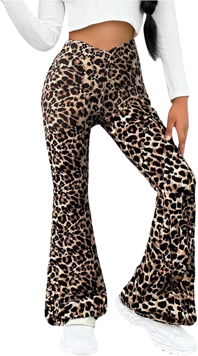 OYOANGLE Girl's Leopard Flared Leggings Crossover Skinny Bell Bottoms Cheetah Print Yoga Dance Pants - Image 1